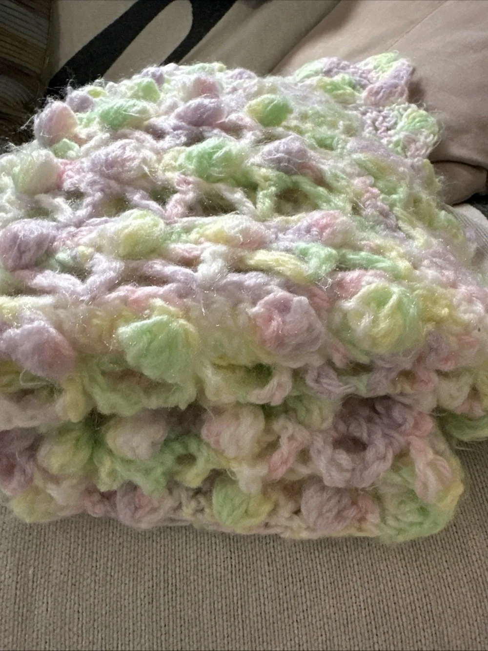 Crocheted Baby Blanket Handmade Soft Pastel Colors Purple Pink Green 37
